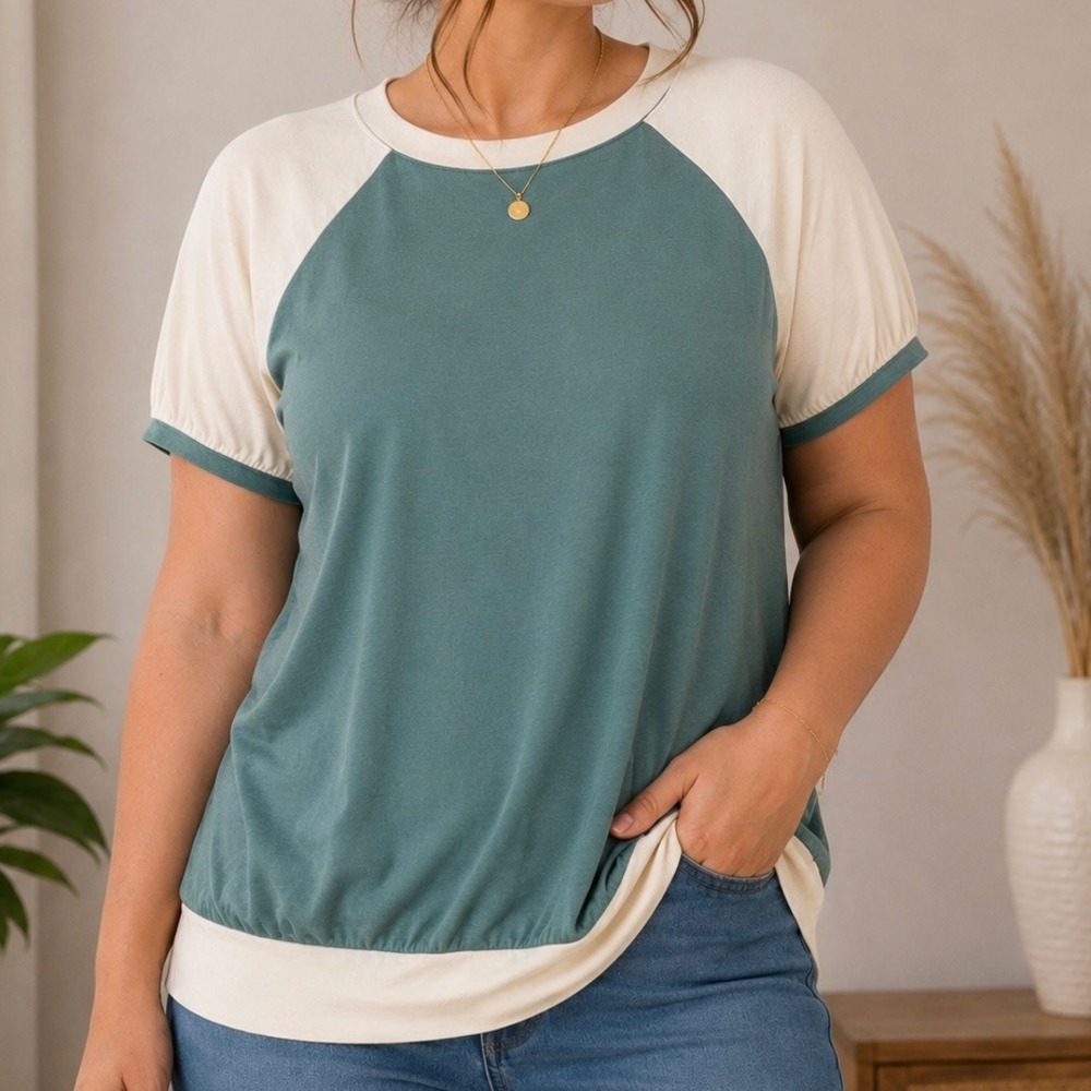 Emerald 1X Muted Teal & Ivory Colorblock Raglan Knit Top Casual Plus Size Summer